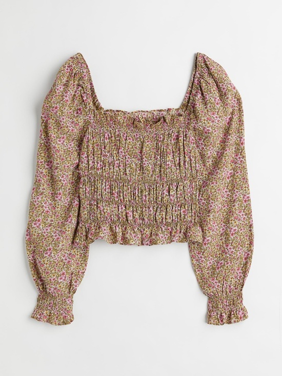 H&M Tops - H&M Smocked Square-Neck Floral Blouse - Pink & Green Size M NWT